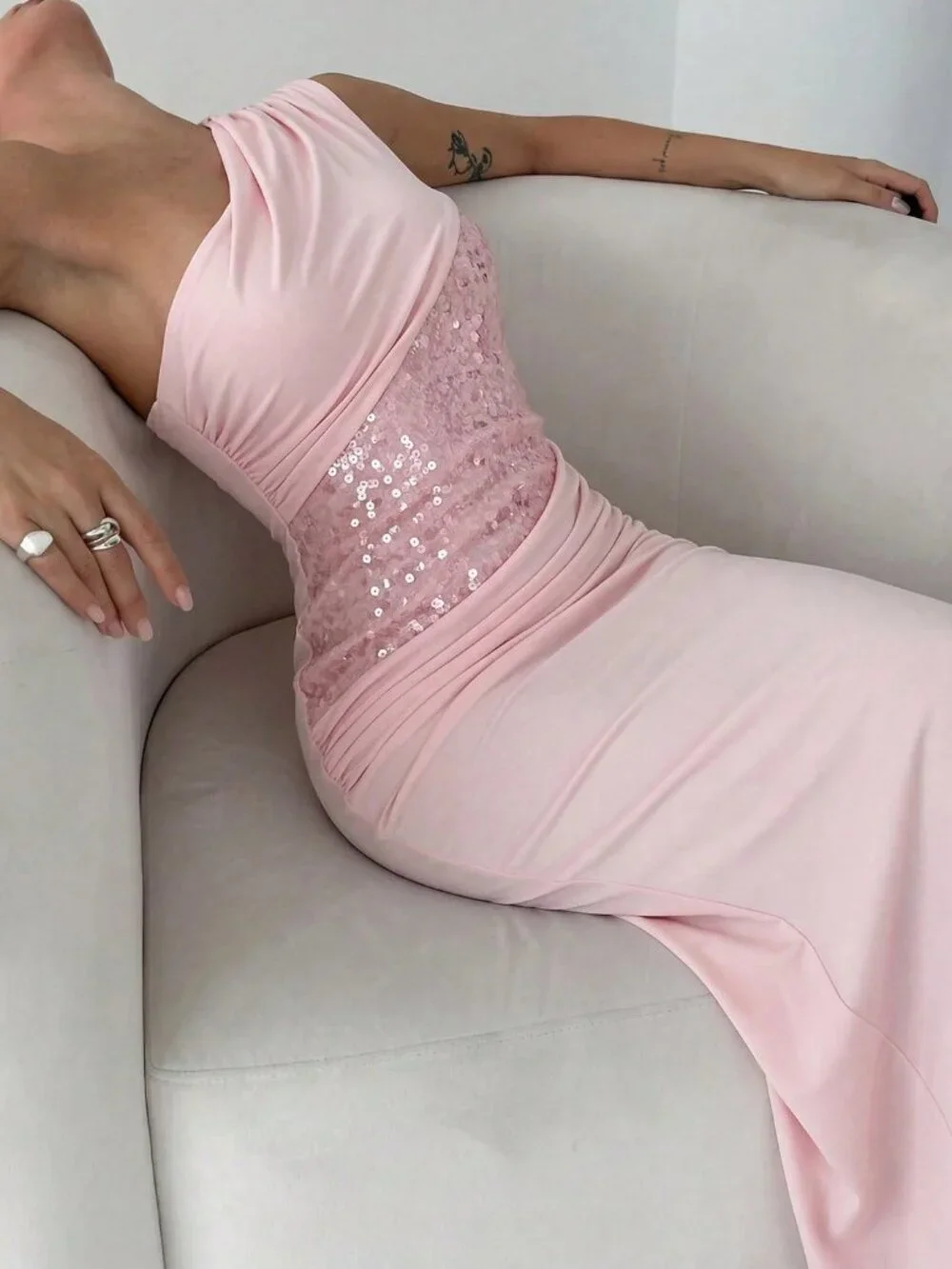 Elegant Pink One Shoulder Satin Sequin Mermaid Long Party Dress Evening Dress D3502