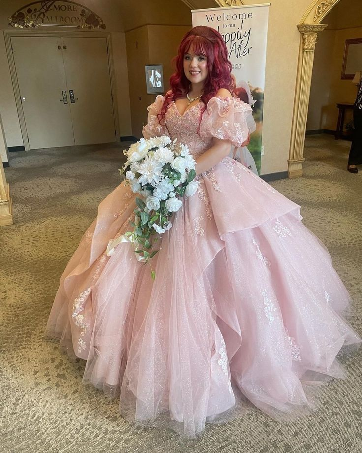 Charming Pink V Neck Tulle Sequin Lace Applique Ball Gown Quinceanera Dress D1008