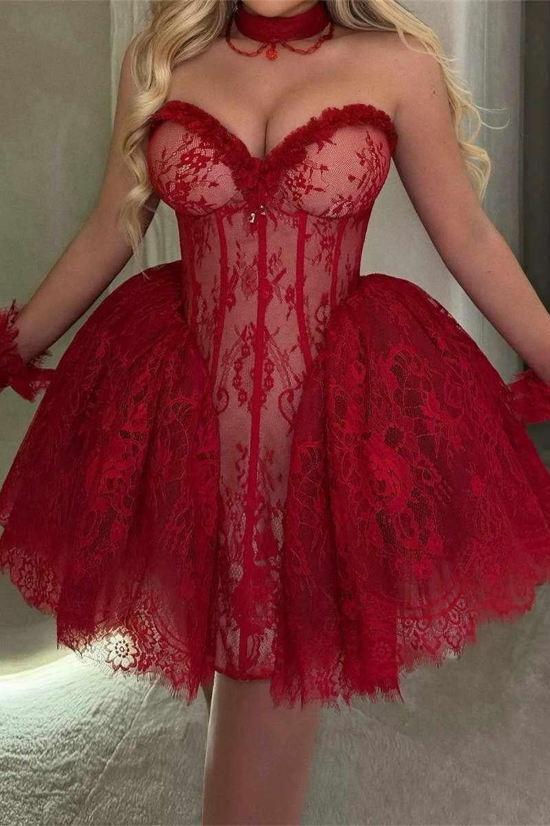 Sexy Strapless Red Lace A Line Short Graduation Homecoming Dress Birthday Dress D4532