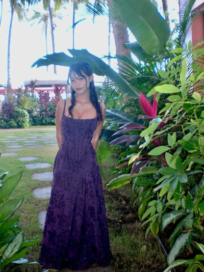 Charming Spaghetti Straps Purple Lace Print Floral A Line Long Wedding Guest Dress Formal Birthday Party Dress D1597