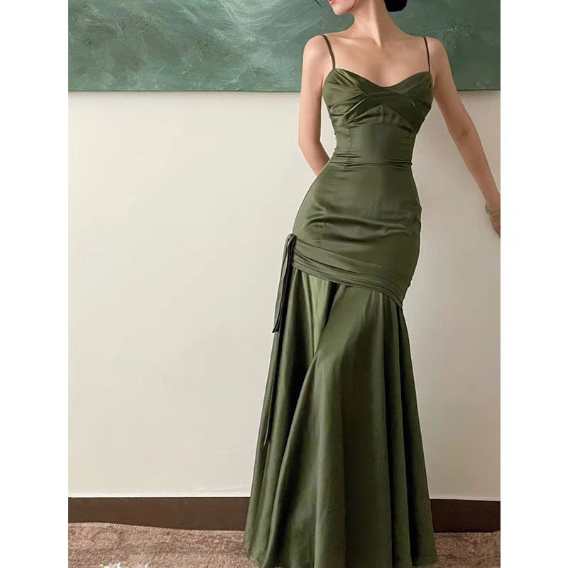 Simple Sheath Spaghetti Straps Floor Length Olive Green Long Party Dresses Birthday Outfits SD433