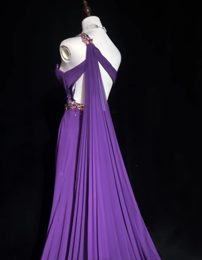 Classy One Shoulder Chiffon Pleated Beaded Mermaid Long Evening Dress Party Gown,Purple Formal Wedding Guest Dress D2060