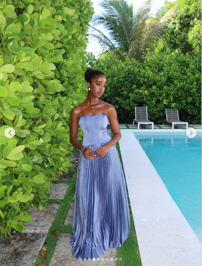 Stylish Strapless Blue Satin Pleated A Line Long Party Dress Birthday Prom Dress Gown D4973