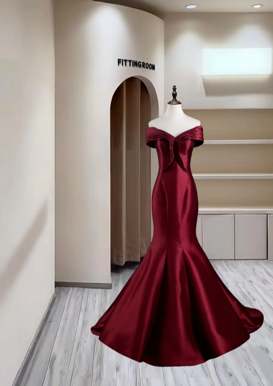 Vintage Burgundy Off The Shoulder Satin Mermaid Long Prom Dress Party Gown D2395