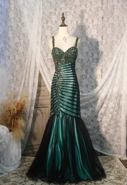 Vintage Spaghetti Straps Satin Tulle Beaded Mermaid Evening Dress Dark Green Long Party Gown D2252