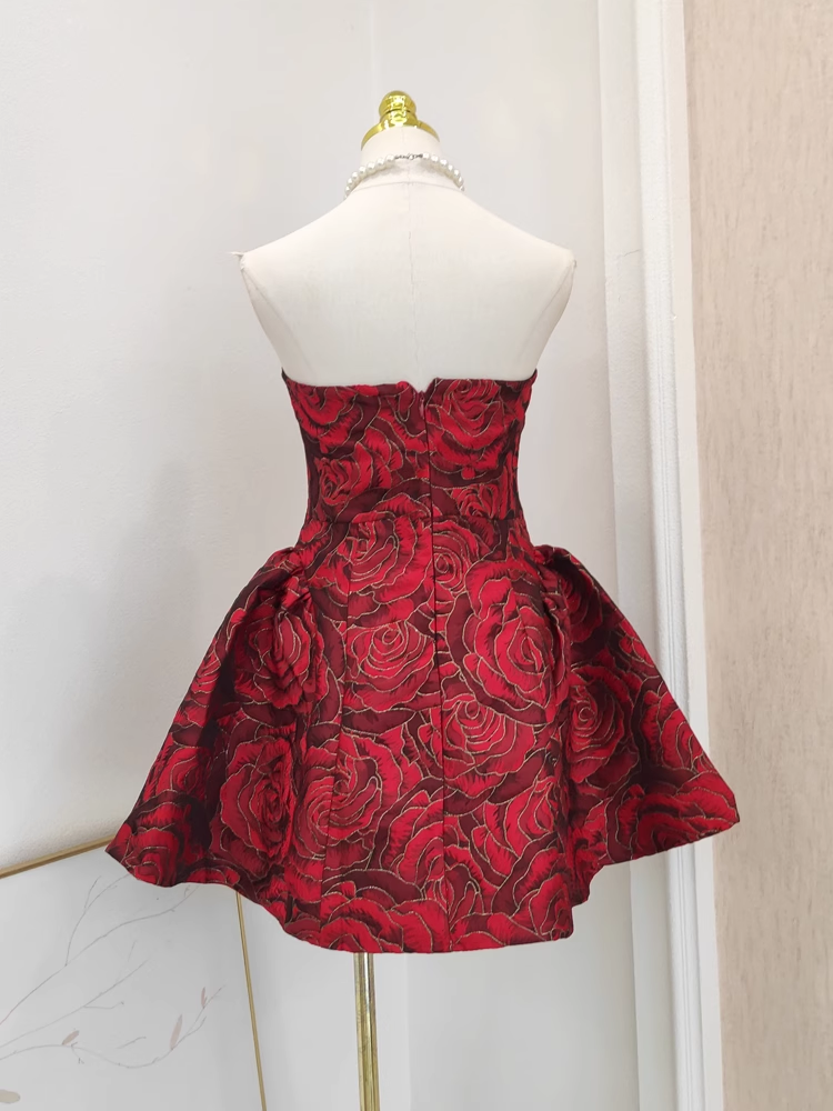 Cute Ball Gown Strapless Red Satin Floral Cocktail Dress Short Birthday Outfits SD402