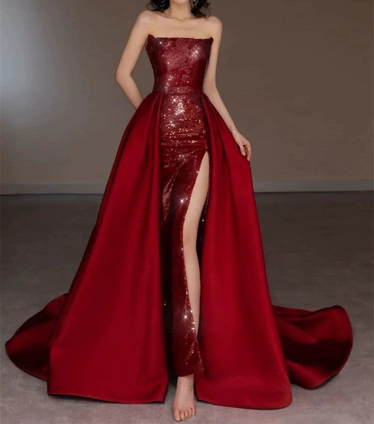 Classy Sheath Strapless Burgundy Sleeveless Long Party Dress Sequin Prom Dresses SD1460