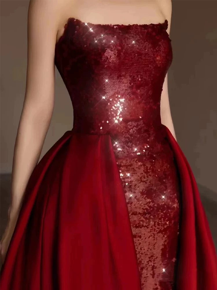 Classy Sheath Strapless Burgundy Sleeveless Long Party Dress Sequin Prom Dresses SD1460