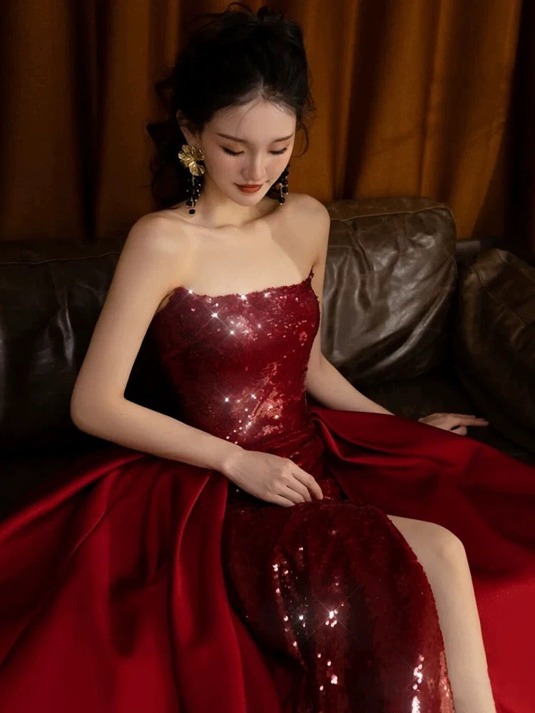 Classy Sheath Strapless Burgundy Sleeveless Long Party Dress Sequin Prom Dresses SD1460