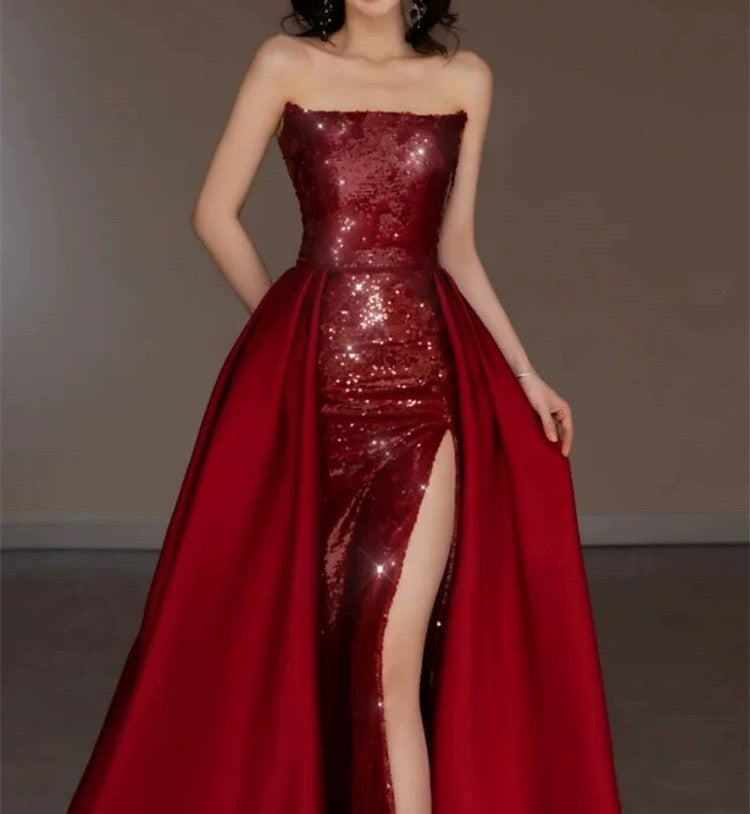 Classy Sheath Strapless Burgundy Sleeveless Long Party Dress Sequin Prom Dresses SD1460