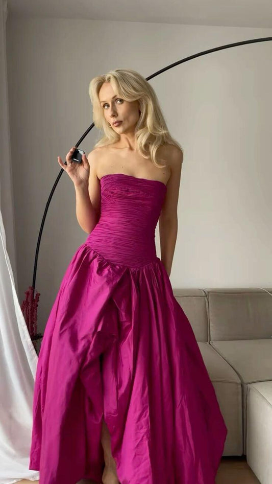 Pretty Strapless Hot Pink Satin Pleated Long Prom Dress Party Gown D3448