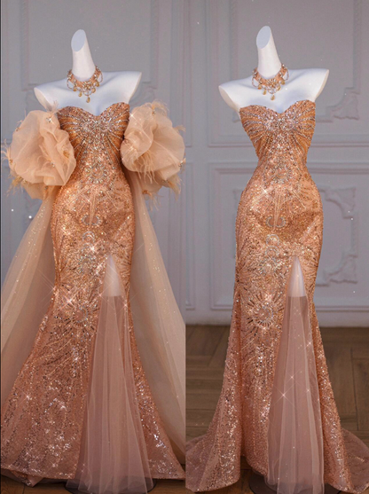 Classy Mermaid Off The Shoulder Slit Sequin Long Party Dress Prom Dresses SD1815