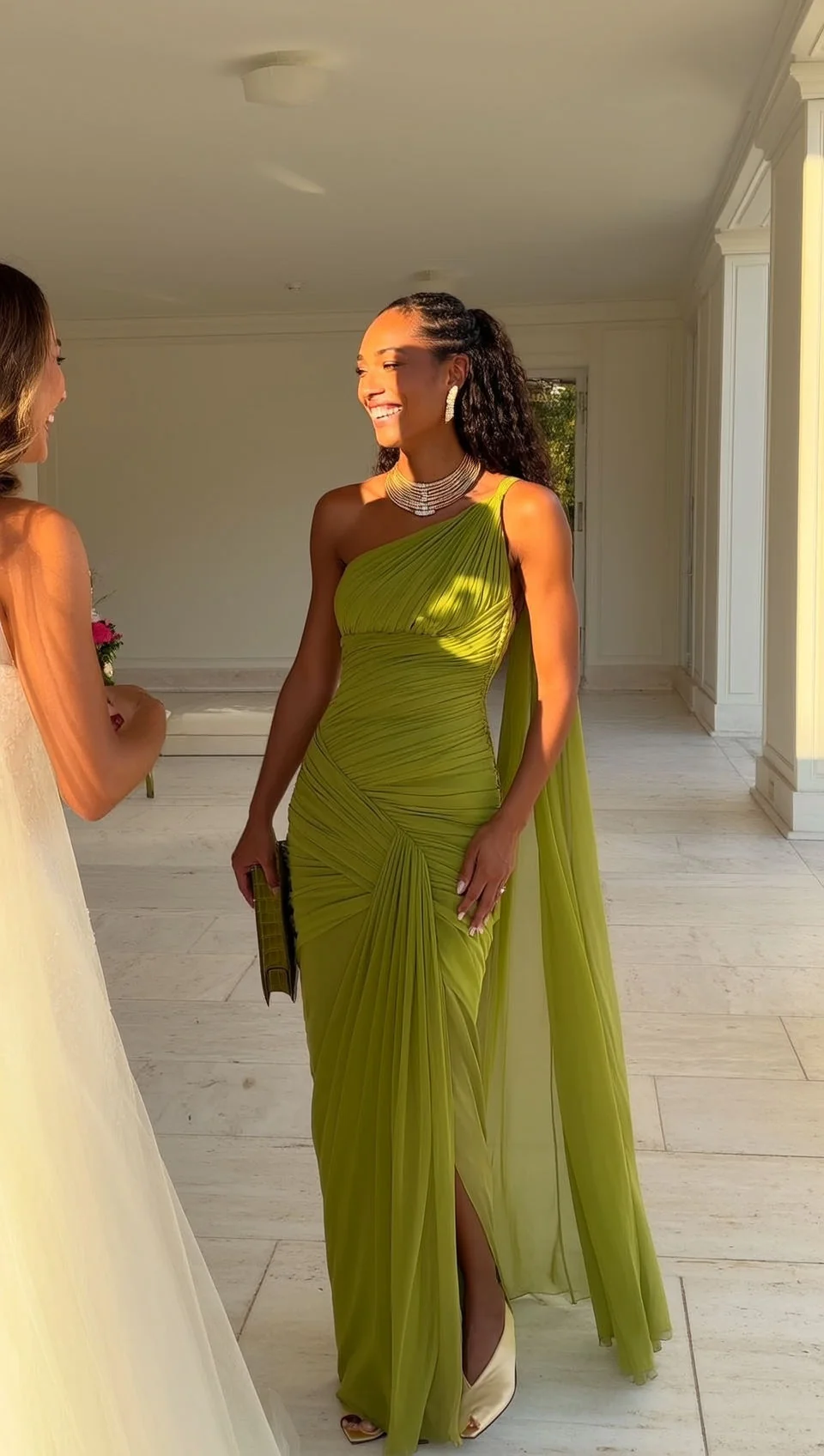 Sexy One Shoulder Green Chiffon Pleated Sheath Slit Long Party Dresses Evening Gown D4870