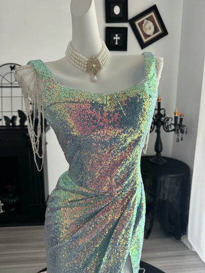 Sparkly Sequin Mermaid Slit Long Party Dress Evening Gown D3693