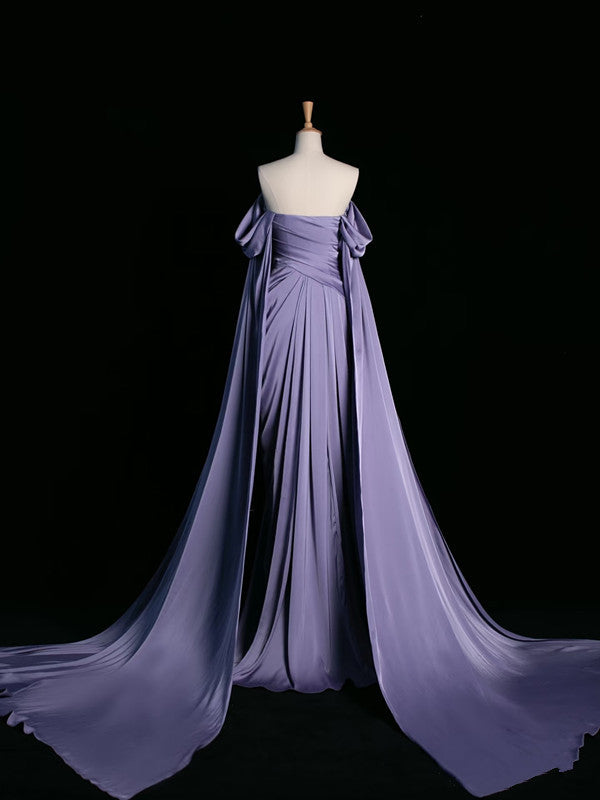 Vintage A Line Off The Shoulder Light Grape Satin Prom Dresses Long Evening Gown Formal Party Dress SD1300