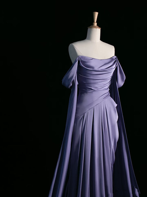 Vintage A Line Off The Shoulder Light Grape Satin Prom Dresses Long Evening Gown Formal Party Dress SD1300