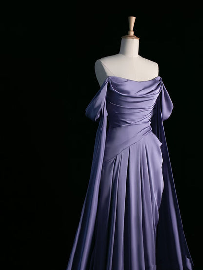 Vintage A Line Off The Shoulder Light Grape Satin Prom Dresses Long Evening Gown Formal Party Dress SD1361