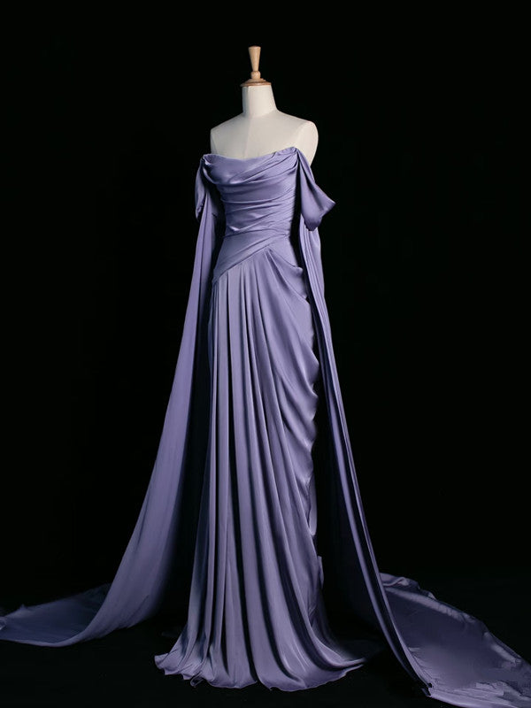 Vintage A Line Off The Shoulder Light Grape Satin Prom Dresses Long Evening Gown Formal Party Dress SD1300