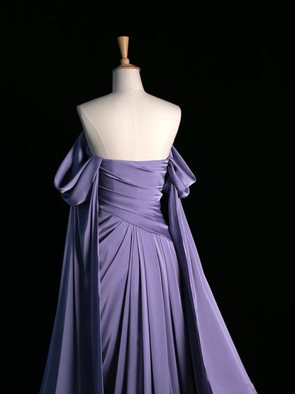 Vintage A Line Off The Shoulder Light Grape Satin Prom Dresses Long Evening Gown Formal Party Dress SD1300