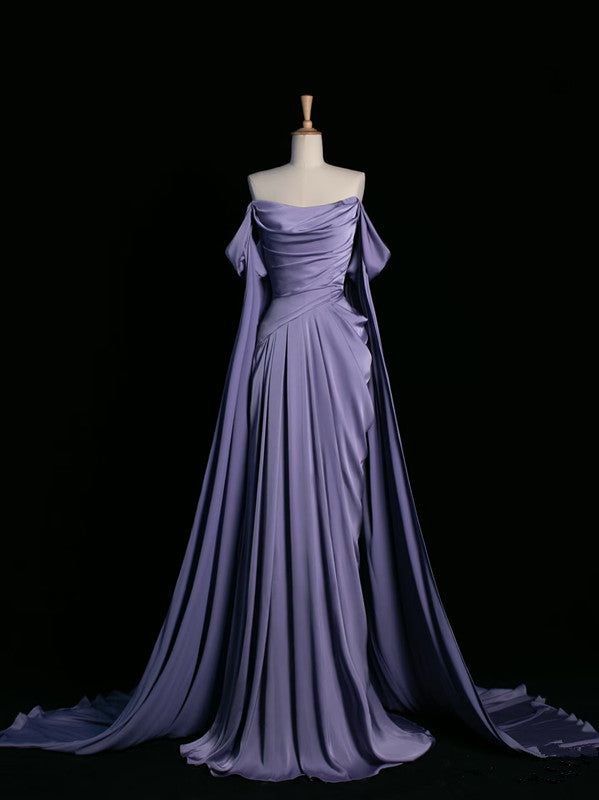 Vintage A Line Off The Shoulder Light Grape Satin Prom Dresses Long Evening Gown Formal Party Dress SD1361