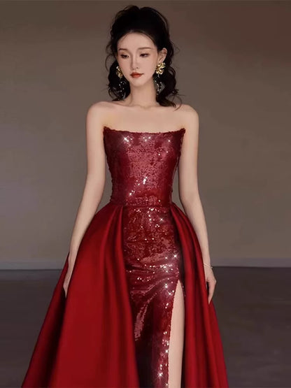 Modest Mermaid Strapless Burgundy Floor Length Evening Dress Sequin Prom Dresses S3801