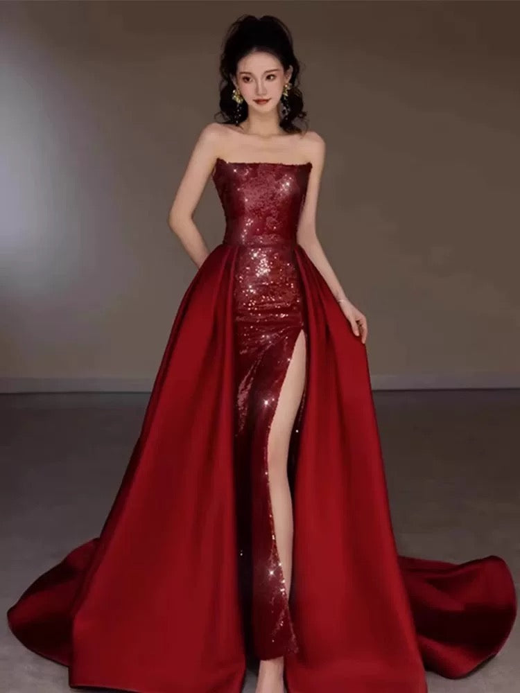 Modest Mermaid Strapless Burgundy Floor Length Evening Dress Sequin Prom Dresses S3801