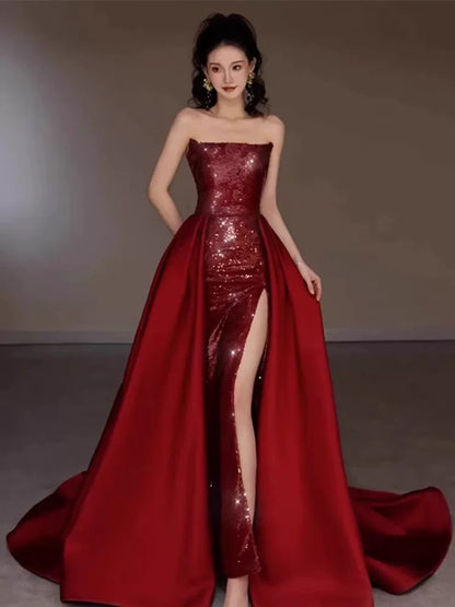 Modest Mermaid Strapless Burgundy Floor Length Evening Dress Sequin Prom Dresses S3801