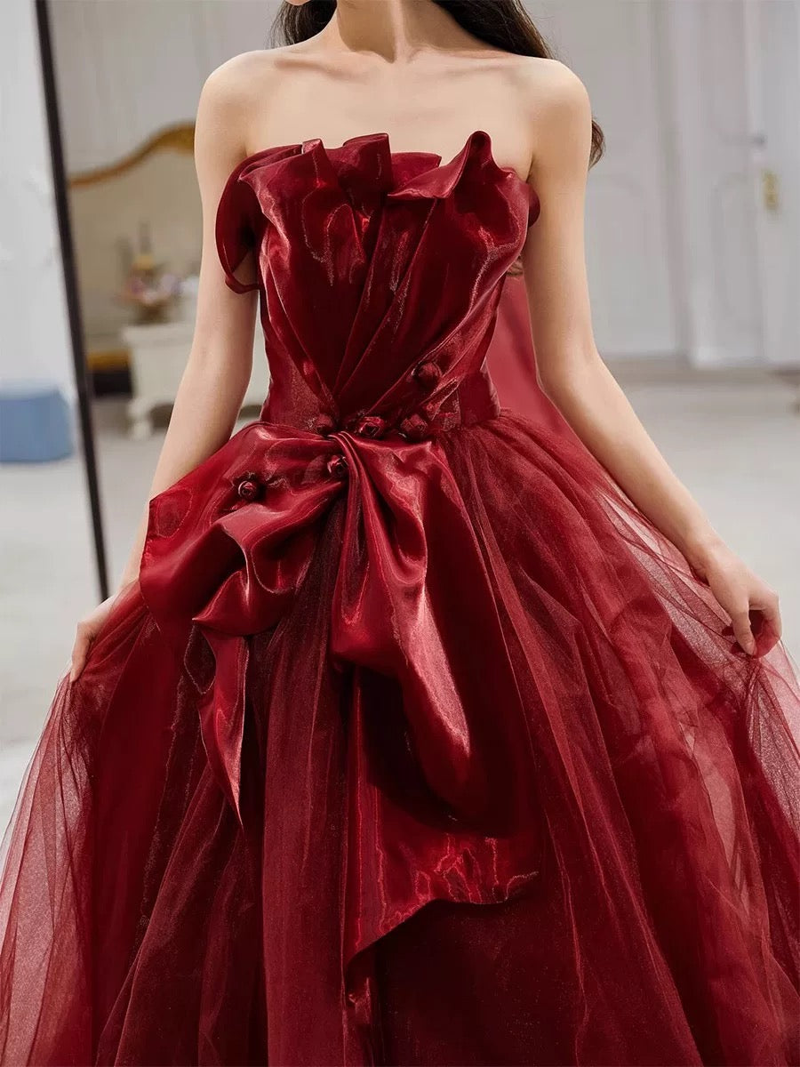 Sexy Ball Gown Strapless Burgundy Tulle Long Evening Gowns Prom Dresses S3802