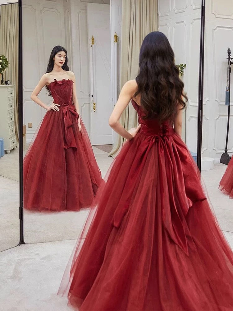 Sexy Ball Gown Strapless Burgundy Tulle Long Evening Gowns Prom Dresses S3802