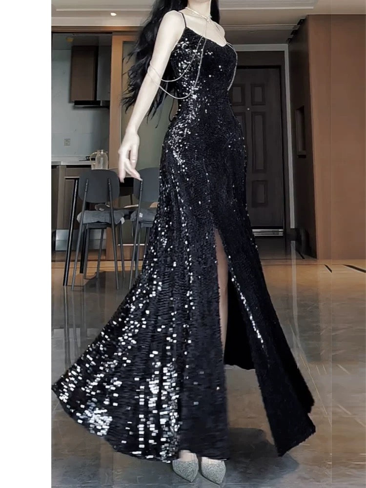 Sexy Mermaid Spaghetti Straps Sequin Black Long Prom Dresses S3803