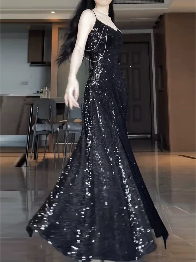 Sexy Mermaid Spaghetti Straps Sequin Black Long Prom Dresses S3803