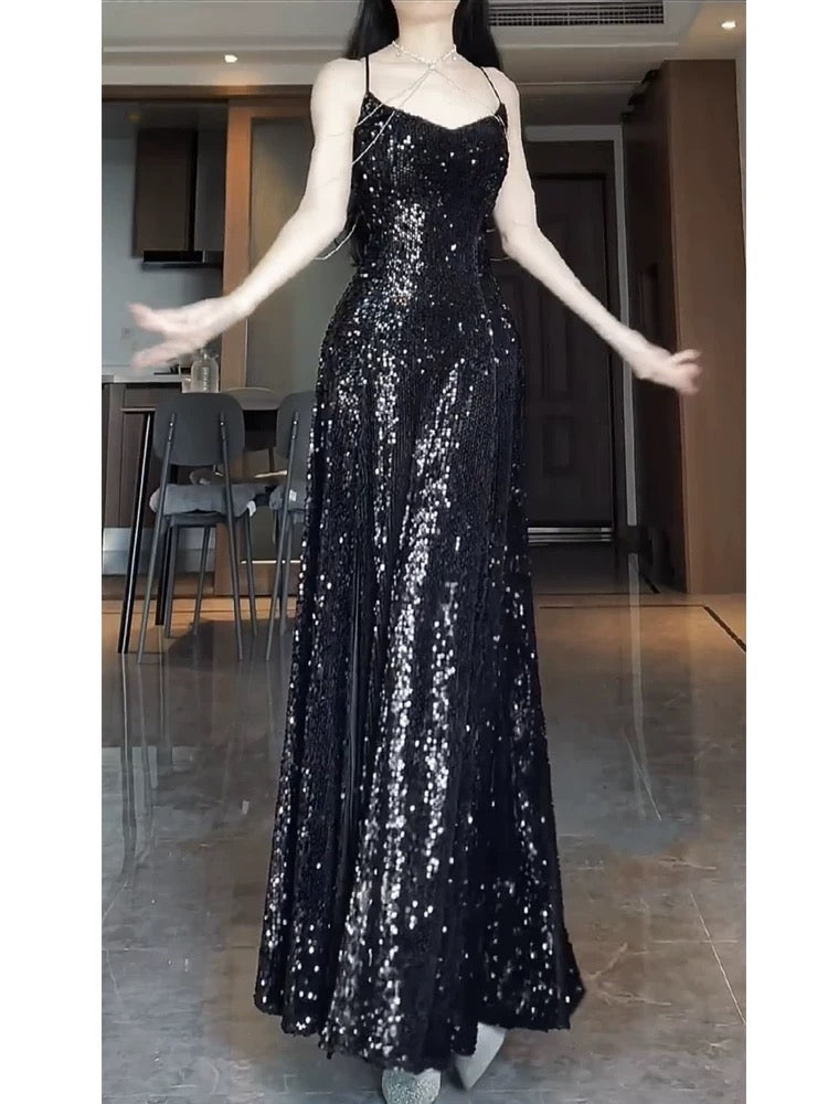 Sexy Mermaid Spaghetti Straps Sequin Black Long Prom Dresses S3803