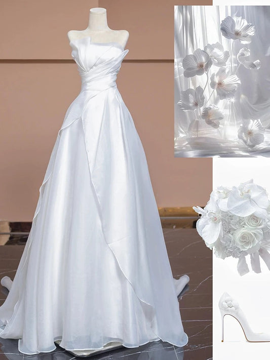 Aesthetic Ball Gown Strapless White Long Wedding Dresses Brides Dress S3804