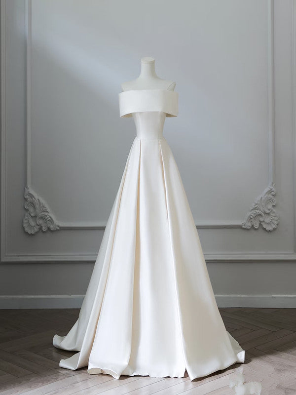 Aesthetic Ball Gown Strapless Ivory Satin Long Wedding Dresses Brides Dress S3805