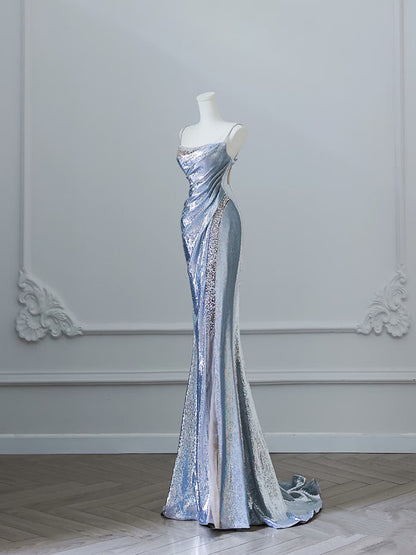 Sexy Mermaid Spaghetti Straps Silver Sequin Long Prom Dresses S3808