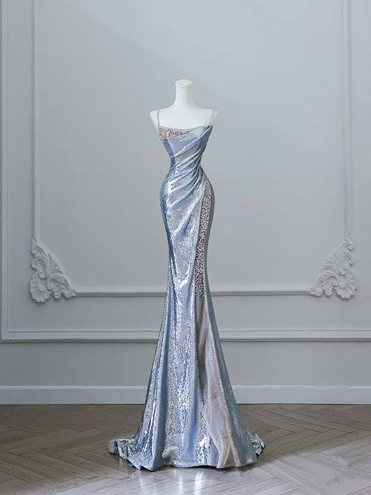 Sexy Mermaid Spaghetti Straps Silver Sequin Long Prom Dresses S3808