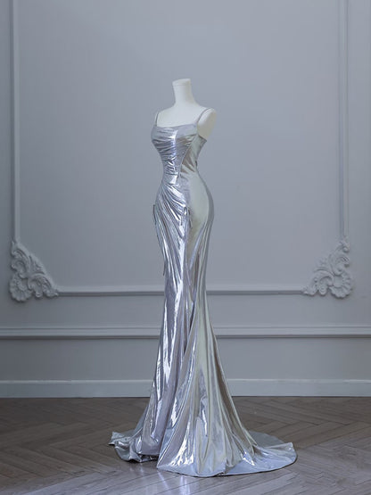 Sexy Mermaid Spaghetti Straps Silver Sequin Long Prom Dresses S3820