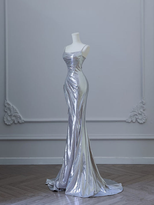 Sexy Mermaid Spaghetti Straps Silver Sequin Long Prom Dresses S3820