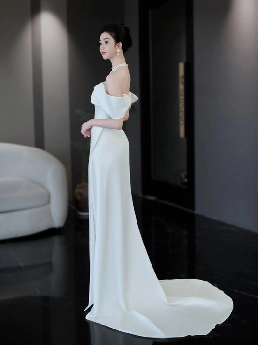 Unique Mermaid Off The Shoulder White Long Wedding Dresses With Short Sleeves Brides Dress S3822