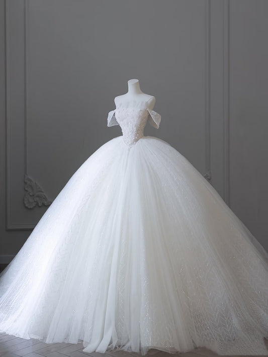 Unique Ball Gown Strapless Tulle White Long Off The Shoulder Wedding Dresses Brides Dress S3829