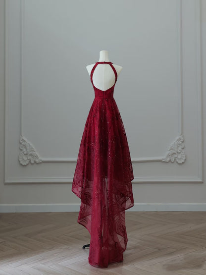 Sexy High Low Burgundy Sequin Long Prom Dresses Evening Gowns S3840