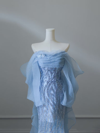 Sexy Mermaid Off The Shoulder Blue Sequin Long Prom Dresses Evening Gowns S3847