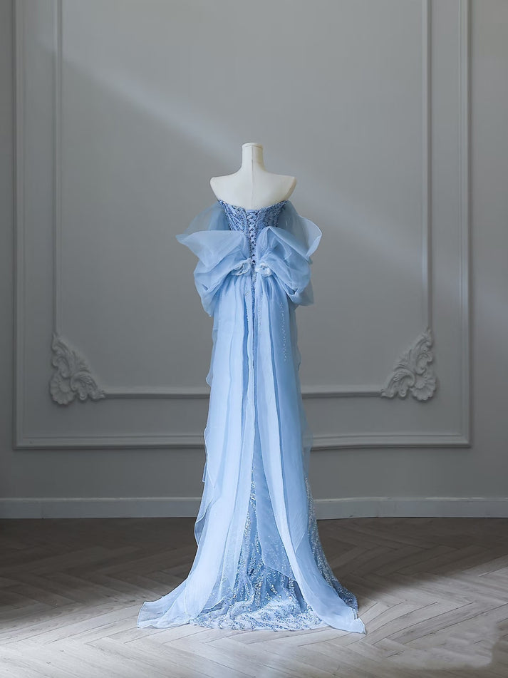 Glamorous Off The Shoulder Sky Blue Tulle Sequin Beaded Mermaid Long Party Dress Prom Dresses SP1273 main image 0