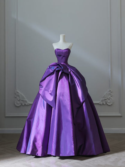 Pretty Ball Gown Strapless Grape Satin Long Prom Dresses Evening Gowns S3867