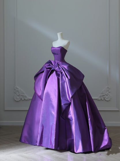 Pretty Ball Gown Strapless Grape Satin Long Prom Dresses Evening Gowns S3867