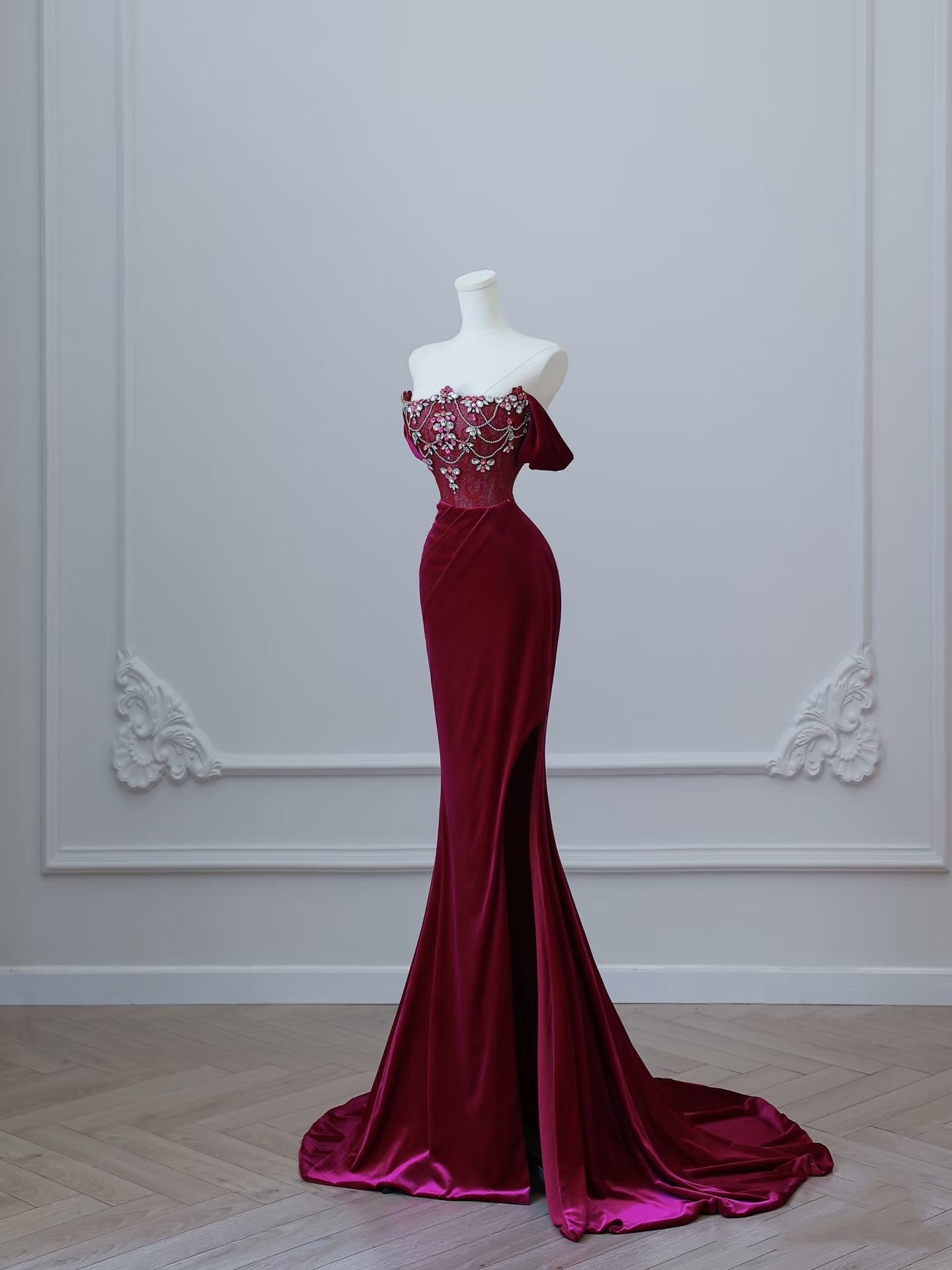 Sexy Mermaid Off The Shoulder Burgundy Long Prom Dresses Evening Gowns S3863