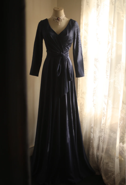 Elegant V Neck Navy Blue Satin Mermaid Long Wedding Guest Dress Formal Birthday Evening Dress D2204