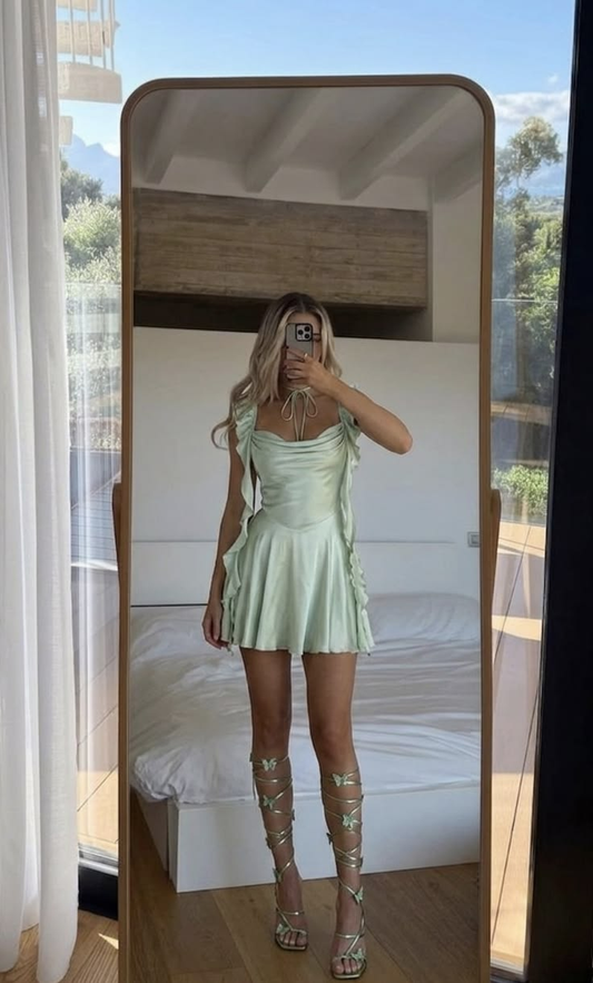 Elegant Light Green Spaghetti Straps Satin Short Birthday Dress ,Formal Graduation Homecoming Dress D3327