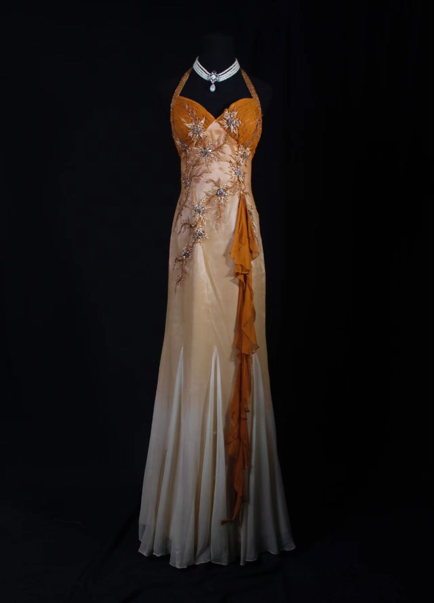Retro Halter Ombre Orange Satin Beaded Mermaid Evening Dress Long Birthday Party Gown D1513