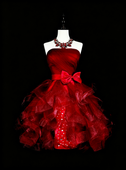 Chic Strapless Red Satin Tulle Beaded A Line Short Birthday Dress,Mini Prom Dress D4069